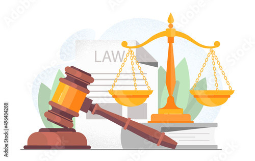 Symbol of law. Judges gavel and scales, metaphor for responsibility. Graphic elements for website, poster or banner. Confirmation of financial transaction in court. Cartoon flat vector illustration photo