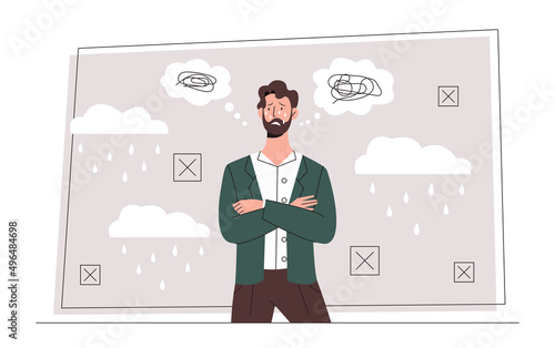 Depressed businessman concept. Man stands in tears, having failed in business, entrepreneur worries about difficulties with project. Depression and frustration. Cartoon flat vector illustration