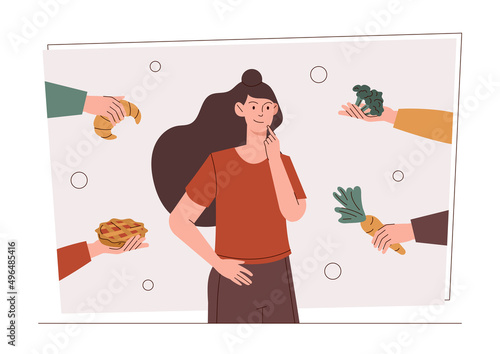 Healthy and unhealthy food. Girl offered vegetables and sweets. Difficult choice between active and sedentary lifestyle, diet and weight loss, tempted by friends. Cartoon flat vector illustration