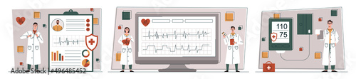 Heart disease screening. Collection of images with doctors doing cardio research. Diagnosis and treatment set, regular check up. Cartoon flat vector illustrations isolated on white background