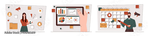 Marketing industry set. Collection of images with promotion of goods and services. Advertising agency, social networks and Internet. Cartoon flat vector illustrations isolated on white background