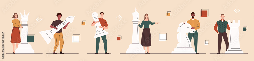 Set people with chess. Collection of images of people with figures, smart and intellectual game, strategy. Graphic elements for website. Cartoon flat vector illustrations isolated on white background Set people with chess. Collection of images of people with figures, smart and intellectual game, strategy. Graphic elements for website. Cartoon flat vector illustrations isolated on white background