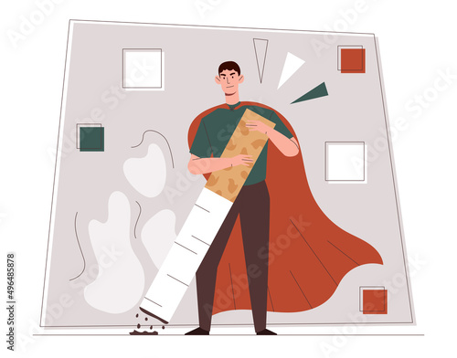 Stop smoking concept. Man extinguishes cigarette on floor, healthy lifestyle and fight against bad habits. Motivational poster or banner, strong personality. Cartoon flat vector illustration