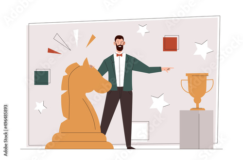 Strategy to win. Businessman next to chess pieces, business tactics metaphor. Company development and goal setting, planning and leadership. Overcome obstacle concept. Cartoon flat vector illustration