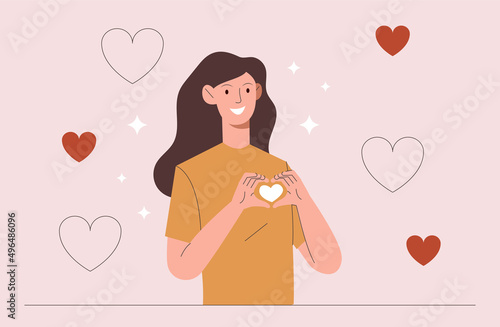 Woman showing heart. Romantic poster or banner, valentines day invitation card. Flirt and positive emotions and gestures. Care and support, tenderness and happiness. Cartoon flat vector illustration