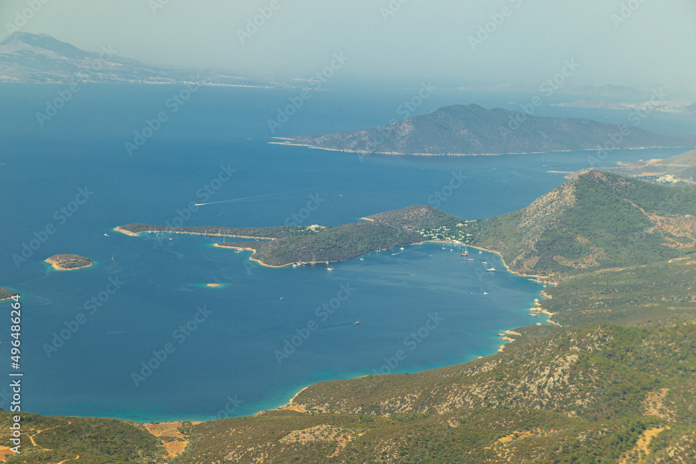 Trees burnt in forest fires of July 2021 in Marmaris resort town of Turkey from helicopter