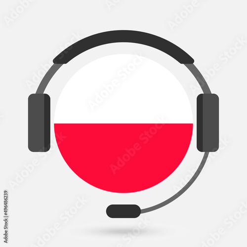 Poland flag with headphones. Vector illustration. Polish language.