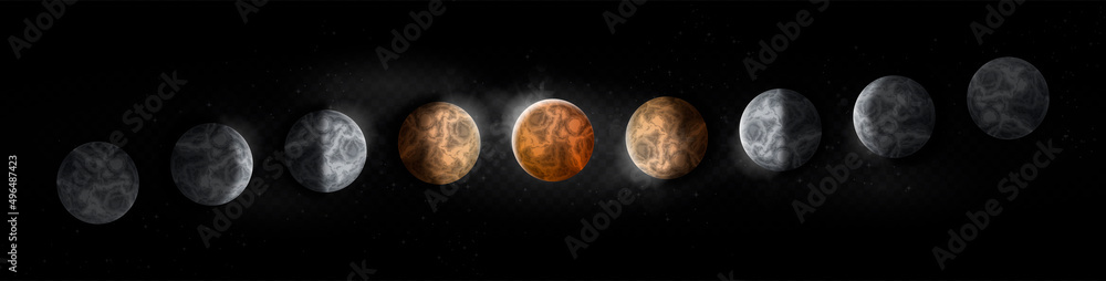 Total Eclipse of Moon. Collection of bright elements, set of icons for social networks. Space and galaxy, satellites from Solar System. Isometric vector illustrations isolated on black background