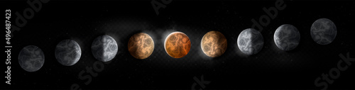 Total Eclipse of Moon. Collection of bright elements, set of icons for social networks. Space and galaxy, satellites from Solar System. Isometric vector illustrations isolated on black background