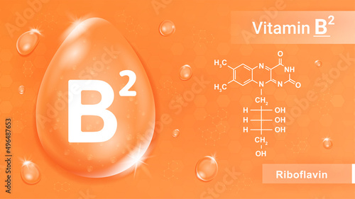 Vitamin B2 orange. Chemical formula of trace elements for body. Active lifestyle and health care concept. Vegetarian food, fruits and vegetables, isometric liquid drop. Cartoon vector illustration