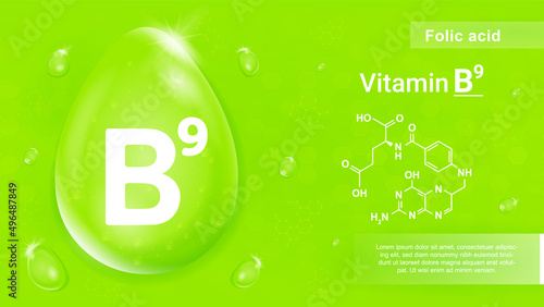 Vitamin B9 green. Medical poster or banner, graphic elements for website. Healthy food and diet for active lifestyle, fitness and supplements, isometric liquid drop. Cartoon vector illustration