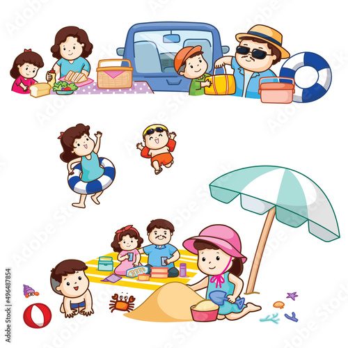 Happy family on vacations at the beach vector.
