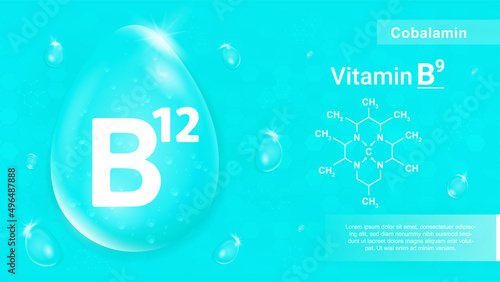Vitamin B12 blue. Sports supplements for people who lead active lifestyle, sportsmen and athletes. Proper ration and health care, nutrition, isometric liquid drop. Cartoon vector illustration