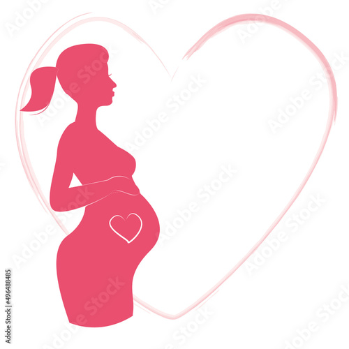 Pregnant female silhouettes and baby. Pregnant woman character holding her belly. Child planning. The concept of motherhood, prenatal intrauterine development. Flat cartoon illustration.