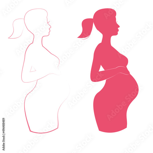 Pregnant female silhouettes and baby. Pregnant woman character holding her belly. Child planning. The concept of motherhood, prenatal intrauterine development. Flat cartoon illustration.