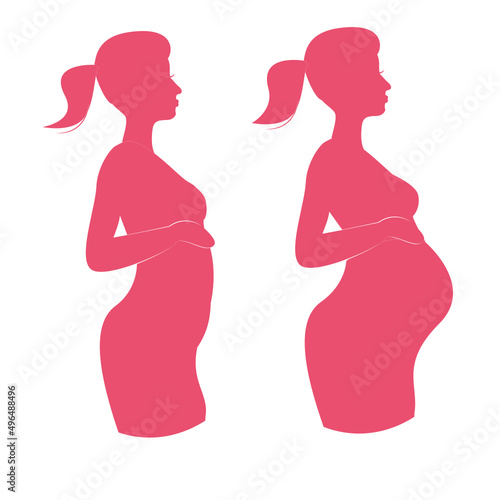 Pregnant female silhouettes and baby. Pregnant woman character holding her belly. Child planning. The concept of motherhood, prenatal intrauterine development. Flat cartoon illustration.