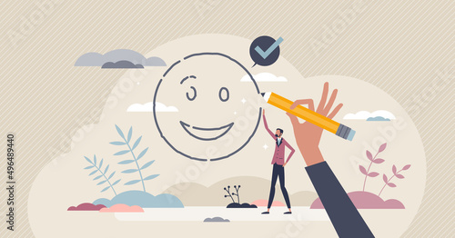 Happiness loading or draw happy emotion in therapy tiny person concept. Psychologist method to dream or express feelings with drawings vector illustration. Optimistic emotional attitude for future.