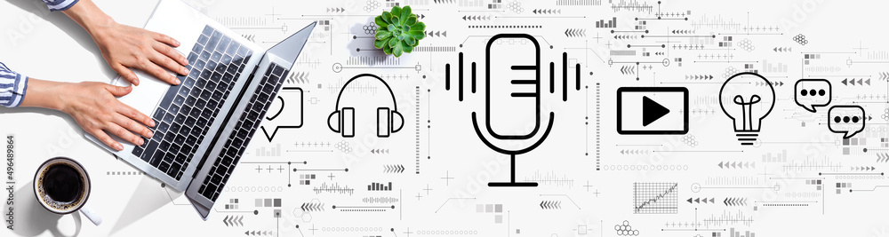 Podcast theme with person using a laptop computer Podcast theme with person using a laptop computer
