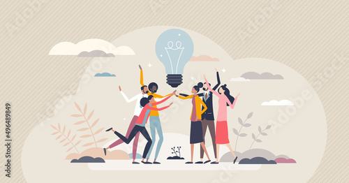 Teamwork creative success and business idea development tiny person concept. Creativity and innovation as key for successful marketing or new product vector illustration. Goal collaboration together. photo