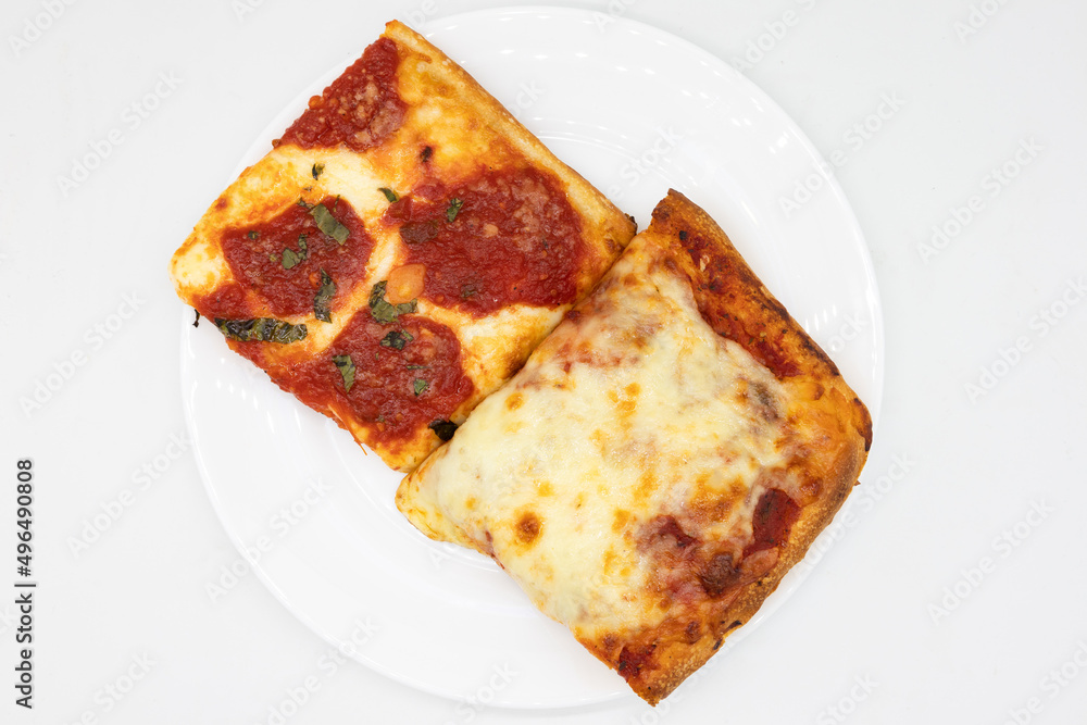 Long Island Style Grandma Pizza Slices on a White Plate Long Island Style Grandma Pizza Slices on a White Plate
