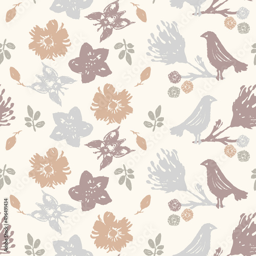 Calm newborn minimal bird seamless pattern. Gender neutral baby nursery decor background. Scandi style sketch wallpaper background tile or toddler inclusive apparel fashion.