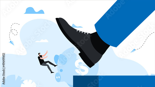 Giant foot kicks office worker. Man flying down a cliff Animation ready duik friendly vector. Conceptual business story. Financial crisis, economic recession, bankruptcy, depression.