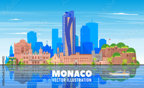 Monaco city skyline with panorama on white background. Vector Illustration. Business travel and tourism concept with old buildings. Image for presentation, banner, web site.