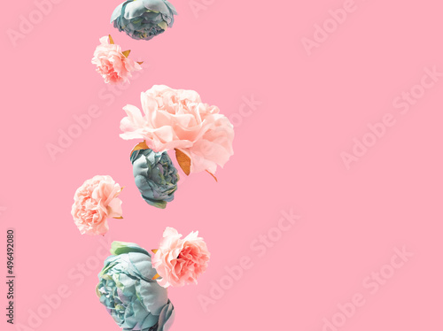 Teal and pink flowers dropping against pastel rose background. Spring minimal concept photo