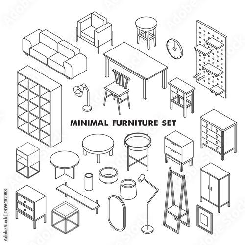 Minimal furniture set on white background, vector