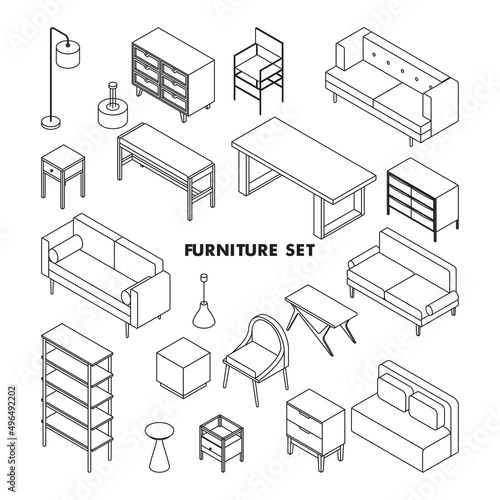 Minimal furniture set on white background, vector