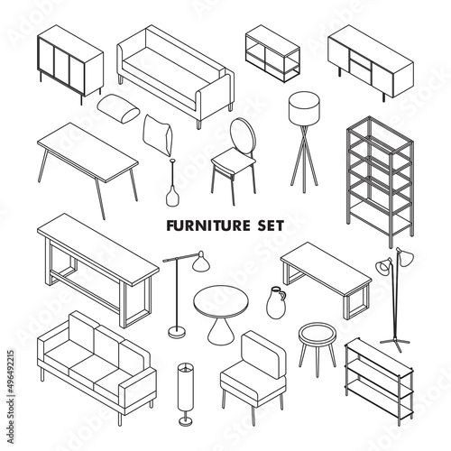 Minimal furniture set on white background, vector