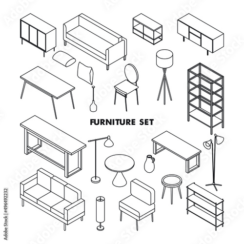 Minimal furniture set on white background, vector