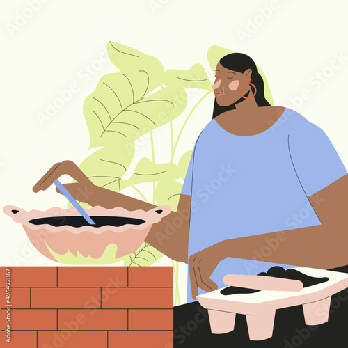 Ilustración mujer mexicana cocinando en leña.