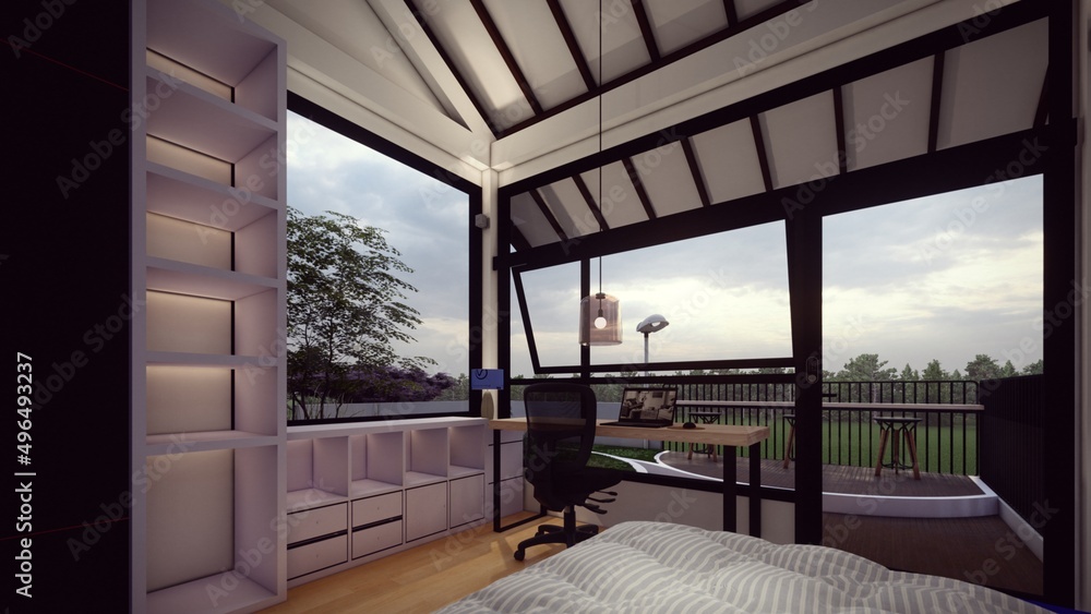 Obraz premium outdoor view from bedroom 3d illustration