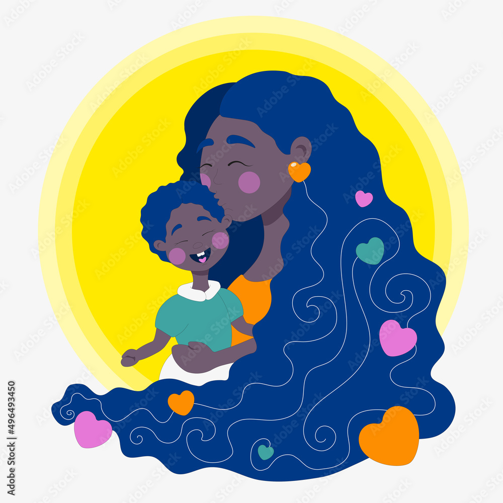 Afro mom caringly hugging her little son on Mother's Day, flat vector illustration Afro mom caringly hugging her little son on Mother's Day, flat vector illustration