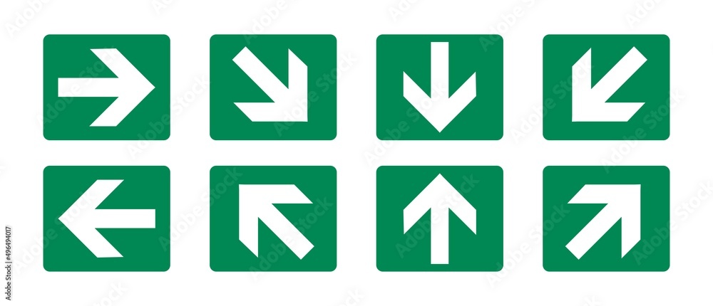 Set of emergency exit signs. Green exit emergency sign Set of emergency exit signs. Green exit emergency sign