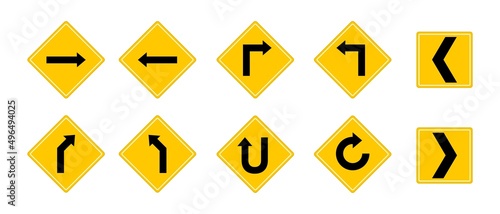 Set of yellow road sign and traffic sign. Vector illustration.