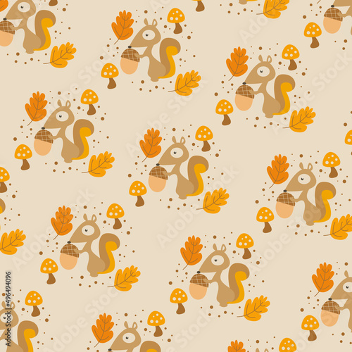 squirrel pattern with acorn nuts vector. Template for ecological fabric design, cover, background, package