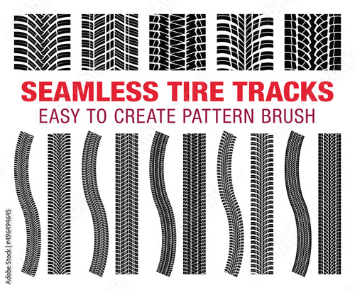 Set of seamless car tire tracks patterns. Isolated tyre treads. Easy to create pattern brush. 