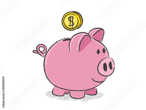 Hand drawn, colorful vector illustration of piggy bank savings