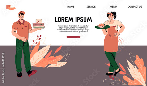 Landing Page template with characters of waiters. Takeaway meal and restaurant website banner layout, vector illustration.