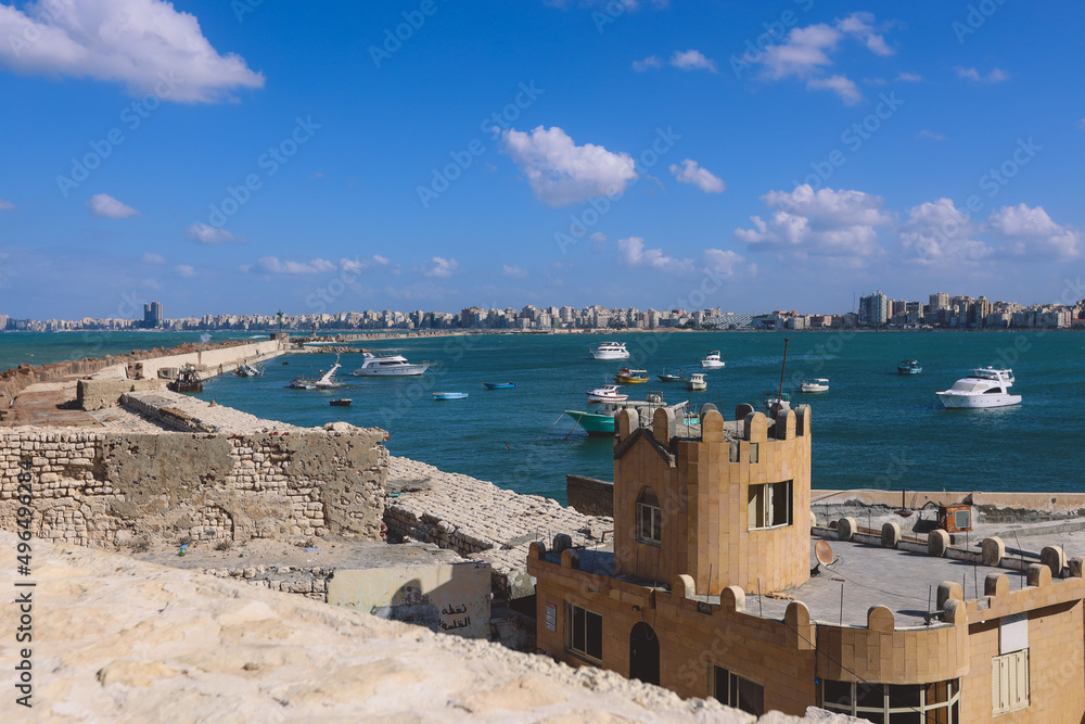 Panoramic View to the City of Alexandria with Citadel, Mediterranean Sea Embankment, Road, Streets and Local Buildings, Egypt 