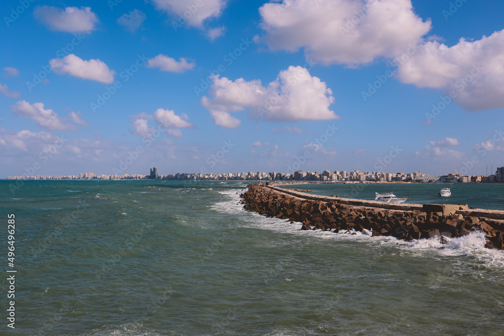 Panoramic View to the City of Alexandria with Citadel, Mediterranean Sea Embankment, Road, Streets and Local Buildings, Egypt Panoramic View to the City of Alexandria with Citadel, Mediterranean Sea Embankment, Road, Streets and Local Buildings, Egypt