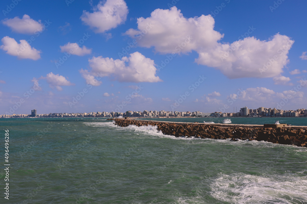 Panoramic View to the City of Alexandria with Citadel, Mediterranean Sea Embankment, Road, Streets and Local Buildings, Egypt 