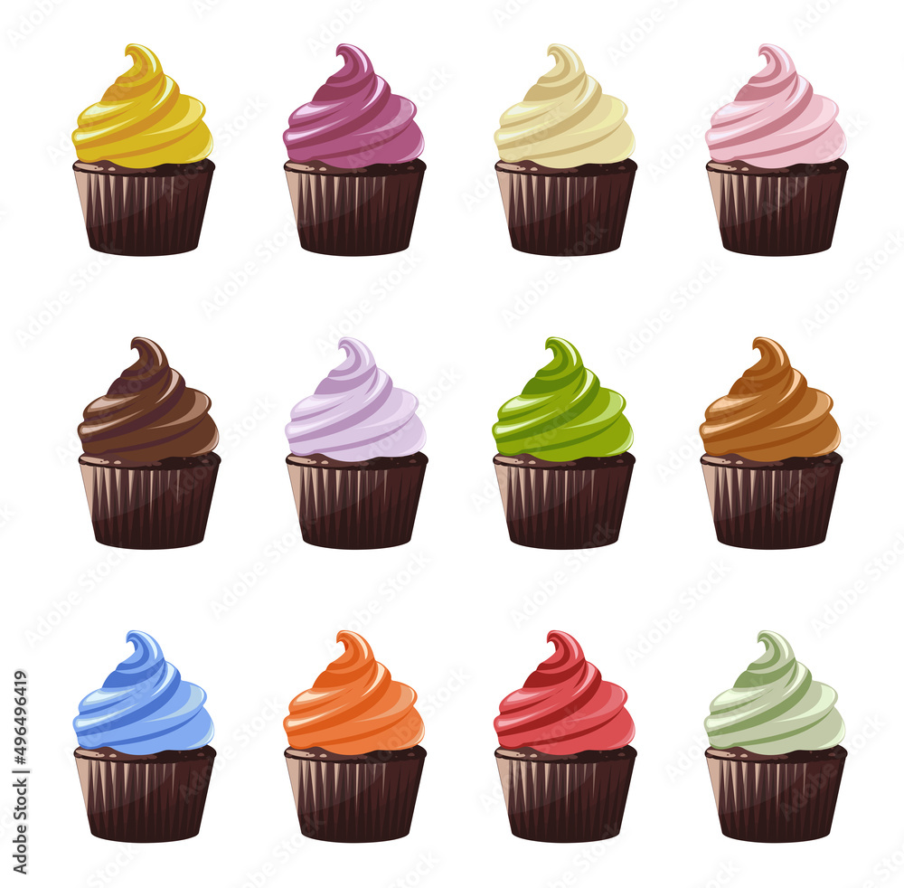 Set of cupcakes. 12 cupcakes with different creams Set of cupcakes. 12 cupcakes with different creams