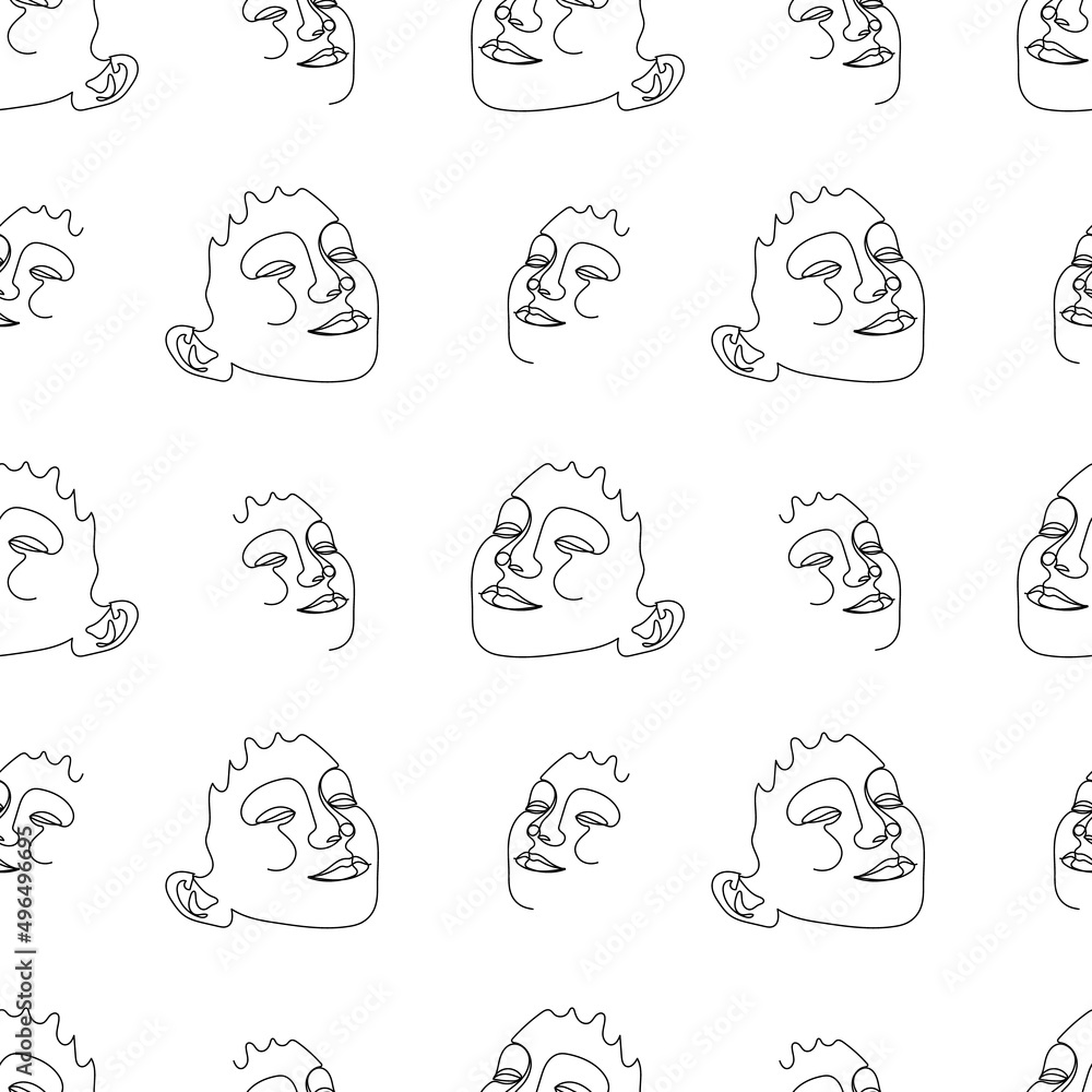 Seamless pattern with one single line drawings of female face. Black line on white background.