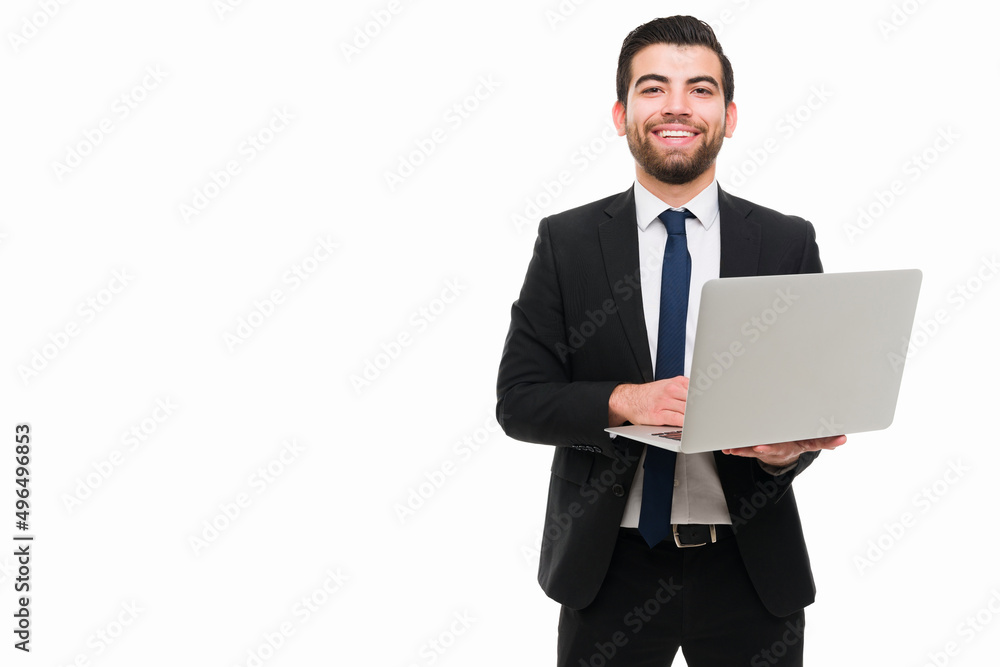 Happy accountant doing his clients finances Happy accountant doing his clients finances