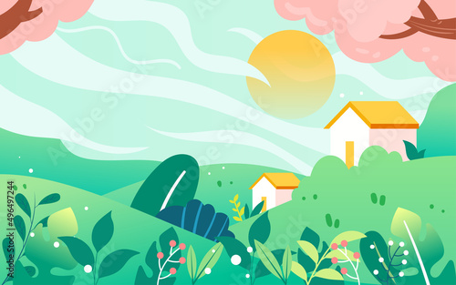 May 1st long holiday travel with natural scenery in the background, vector illustration