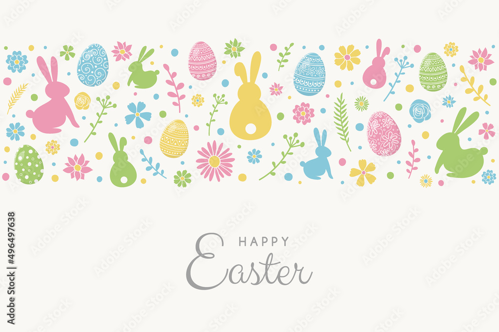 Easter composition with colourful bunnies, eggs and flowers. Greeting card. Vector