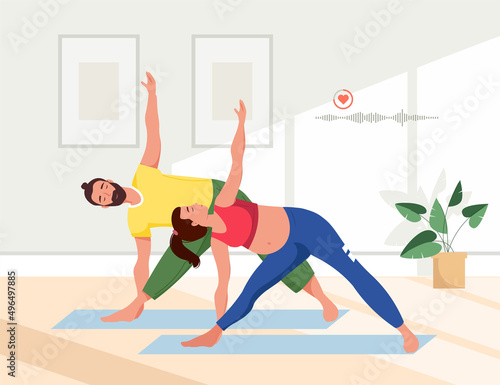 Pregnant woman exercising prenatal yoga with her husband or coach. Happy couple standing in yoga pose. Pregnancy health concept. Physical training for moms, paired sports. Trendy vector illustration